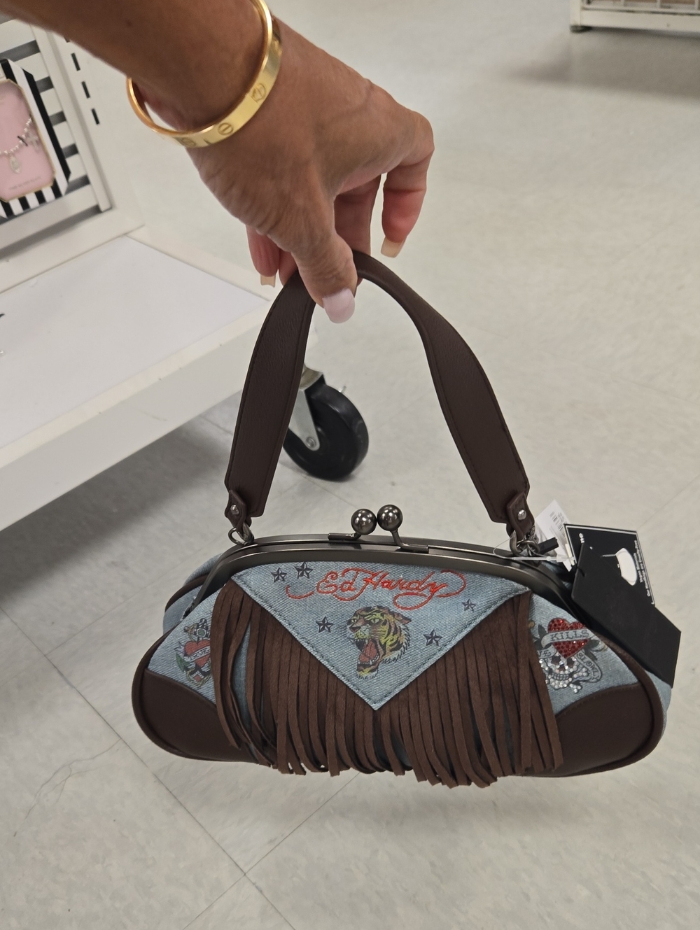 Ed Hardy Brown and Light Denim Fringe Frame Wristlet